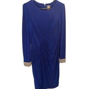 Vince Camuto Long Sleeves Dress Blue Sz-8 jewels Zipper Sleeve Cuff evening